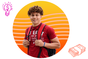 A young man in an IU East t-shirt and backpack