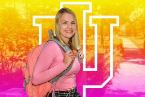 A young woman with a backpack smiles against a bright collaged background