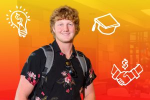 An orange to yellow collage of a smiling young man in a Hawaiian shirt and a curly mullet, surrounded by financial and college-related icons