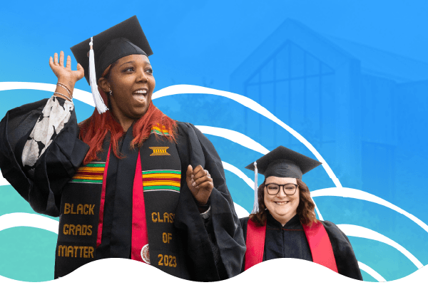 A bright pink and yellow collage, showing a female IU East graduate with copper hair and a Black Grads Matter stole adjusting her grad cap and posing for photographers