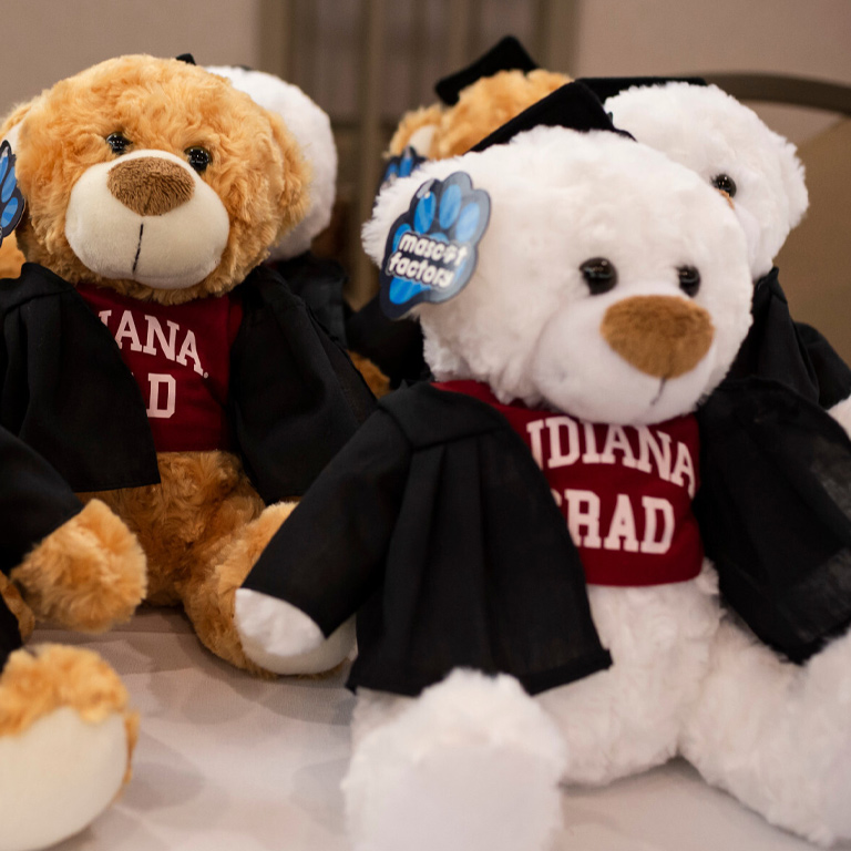 A row of IU Commencement teddy bears in different colors