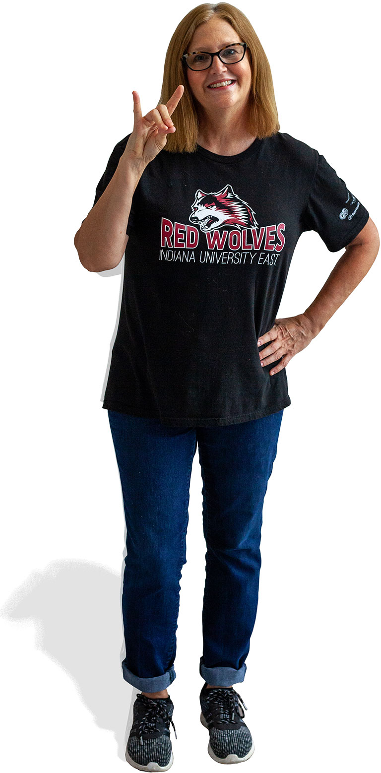 Stand-up cutout of the IU East Dean of Students, Amy Jarecki, doing the Wolf Wave!