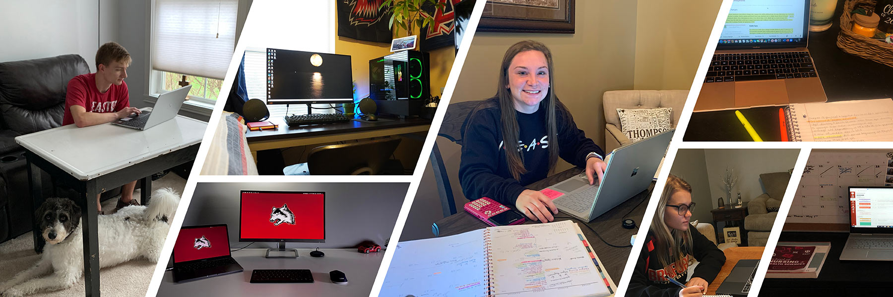 Collage of students and their home work spaces.