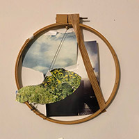 Olga Evanusa-Rowland - <em>Circular</em> Assemblage:
embroidery hoop, ephemera, tape, string, shelf paper 2020 15" x 15" $750