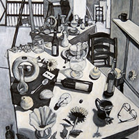 Kathy Moore - <em>Self Portrait Drawing Still Life</em> Black conte crayon, gesso, acrylic on Rives printmaking paper 42" x 31" 2020 $3,000