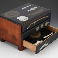 Wendi Smith - <em>Three Drawer Reliquary</em> Acrylic on repurposed cedar box, found natural objects 5.5" x 8.75" x 5.75" 2019 $450
