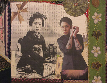 Rhonda Thomas (Flagstaff, AZ)<br /><em>Hostage or Lover Herstory</em><br />Femmage (antique quilt scraps, vintage Japanese woodcut<br />ca. 1850, Chinese parasol, China paper and<br />plastic fans, Fortune Cookie, 21" x 24"<br /><a href='http://www.FlagstaffFeministArtProject.com'>FlagstaffFeministArtProject.com</a>