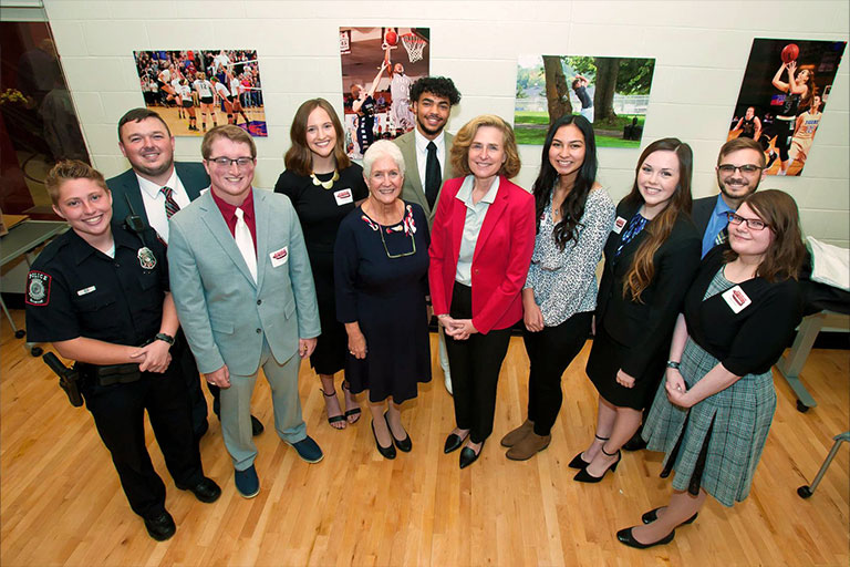 IU President Whitten and Chancellor Girten with students at the Student Events Center.