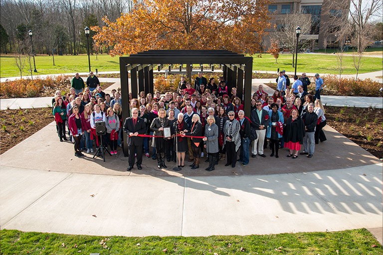 Ribbon cutting of the newly finished IU East quad with Chancellor Girten and the IU East and Richmond community.