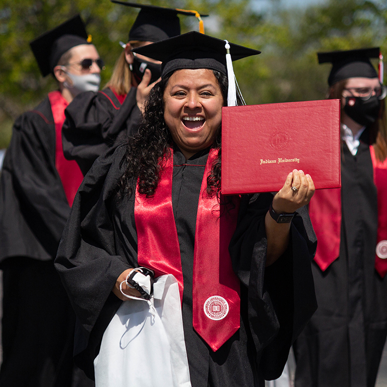 The 2021 Commencement Ceremony celebrated the graduating classes of 2021 and 2020 on the IU East campus in May. Graduates attended an outdoor ceremony.