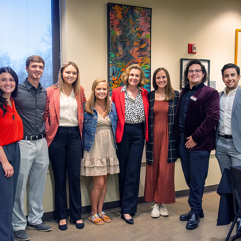 Students meeting with IU President Whitten on April 14 are Courtney James, Cade Brubaker, Jillian Splawn, Caitlin McEldowney, Addie Brown, Alex Hakes and Manuel Roman.