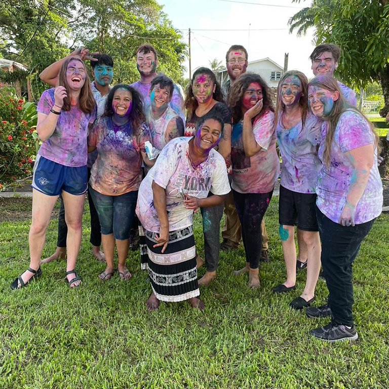 While in Guyana, IU East students celebrate the Hindu (Indian) Festival of Colors (Holi). The group gathered at Wazir Mohamed’s childhood home at Ledestein in Guyana.