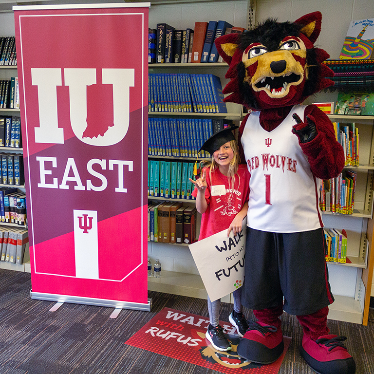Promise Indiana Randolph County brought over 200 third-grade students to IU East for the "Walk into My Future" event on May 20 for a day of interactive learning and hands-on discovery. Each student received an an “I Did It” certificate and had their photo taken with Rufus the Red Wolf, IU East’s mascot.