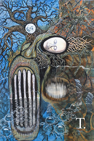 Tributaries book cover, abstract art featuring a tree, a pond, a face and a moon.